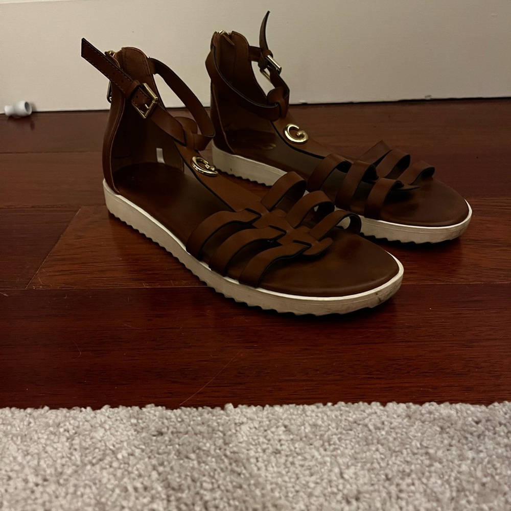 GBG Los Angeles Brown Strappy Ankle Buckle Sandals with White Sole